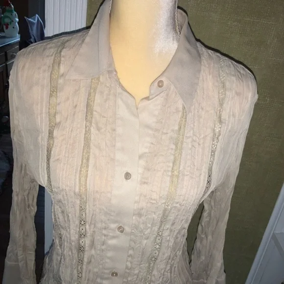 Vintage Tailor B Moss Beige/Tan Button Down Sheer Blouse with Lace Boho Medium - Picture 2 of 10